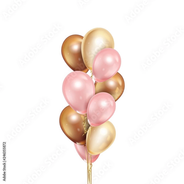 Obraz Realistic golden and pink balloons isolated on white background. Vector illustration.