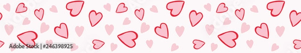 Fototapeta Cute and romantic tossed pattern design of cartoon hearts. Seamless repeat border. Pink, red and white, perfect for Valentines Day, weddings, engagements, ribbon designs, tape and scrapbooking.
