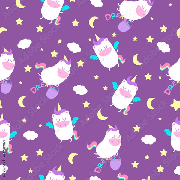 Obraz Seamless pattern with unicorns and night sky