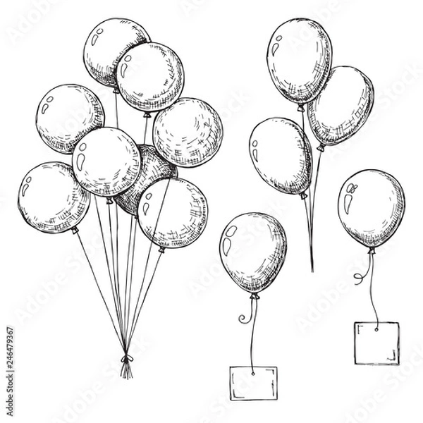 Obraz Set of different balloons. Inflatable balls on a string. Inflatable balloons with a card for text.