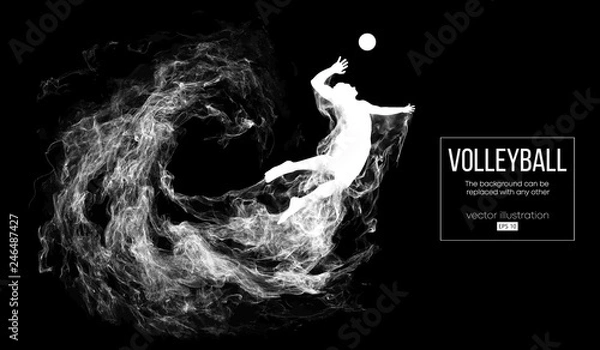 Obraz Abstract silhouette of a volleyball player man on dark, black background from particles. Volleyball player is jumping and kicks the ball. Background can be changed to any other. Vector illustration