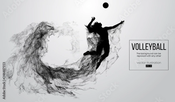 Obraz Streszczenie sylwetka kobiety siatkarz na białym tle z cząstek. Siatkarz skacze i kopie piłkę. Tło można zmienić na dowolne inne. Ilustracji wektorowych