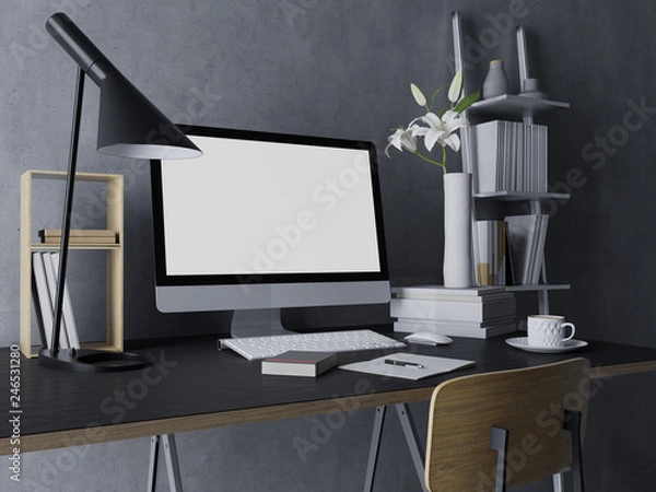 Fototapeta 3d rendering of mockup template of blank white screen for design and ui presentation on elegant home office workspace with pc in the center on black designer desk in three quarter perspective view