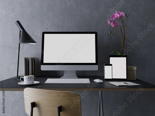 Fototapeta 3d illustration design of mock up template of empty white monitor screen for your design presentation on contemporary workspace with computer and tablet and phone on the right on clean sleek desk