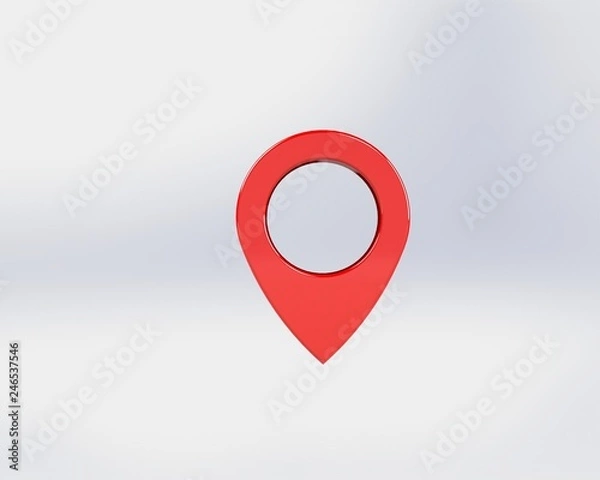Fototapeta LOCATION pin glossy red arrow. The concept of tagging a sign landmark needle tip to create a route search. Isolated on white background 3D rendering 3D.