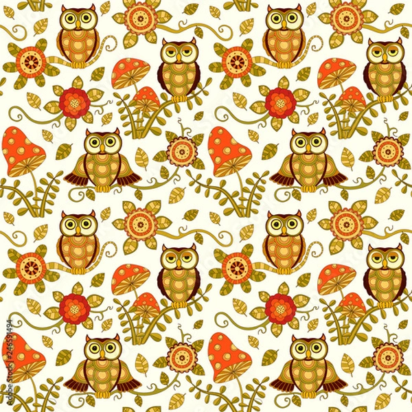 Fototapeta Seamless baby pattern with cute owls ahd flowers in magic forest. Vector bright illustration for kids. Seamless childrens background for wallpapers or textile.