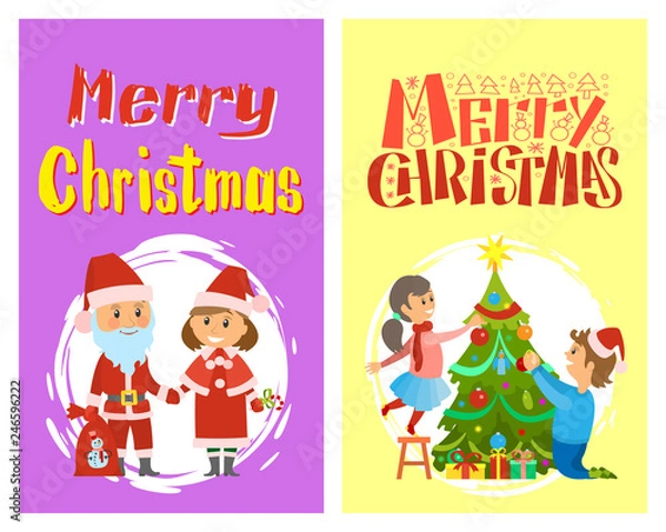 Fototapeta Merry Christmas, Santa Claus and Snow maiden in costumes vector postcards in round brush frame. Xmas winter holidays characters, bag with snowman print