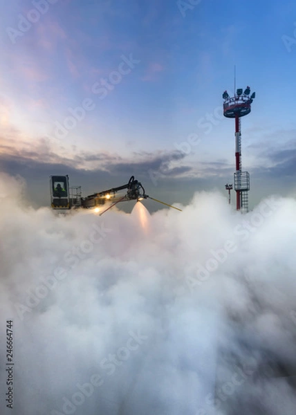 Fototapeta Airplane deicing before a winter departure. Seen from inside the plane.