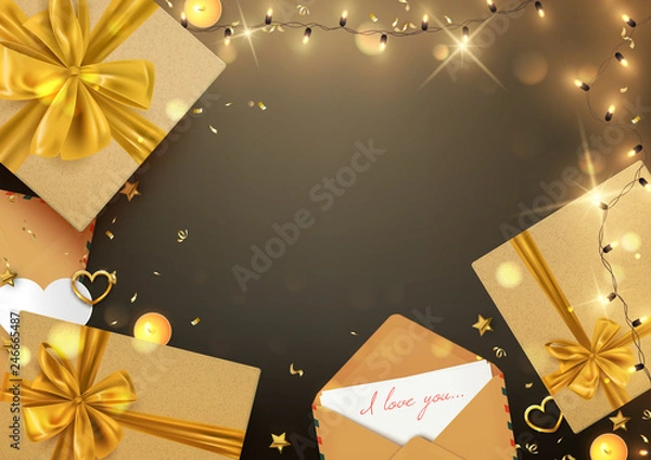 Fototapeta Happy Valentine's Day romantic background with gift boxes and decorative elements, vector illustration