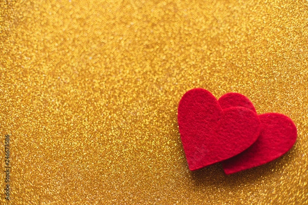Obraz Red felt hearts on golden shiny background. Valentine's Day