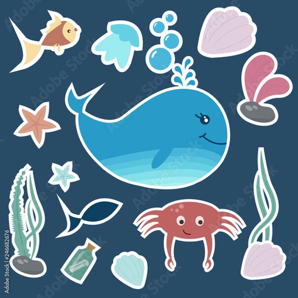 Obraz Set of colorful kids stickers. Underwater life. Vector illustration.
