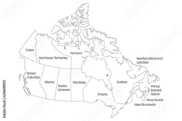 Fototapeta Map of Canada divided into 10 provinces and 3 territories. Administrative regions of Canada. White map with black outline and black region name labels. Vector illustration