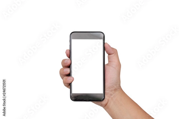 Obraz hand holding smartphone mobile and touching screen isolated on white background, cliping path inside