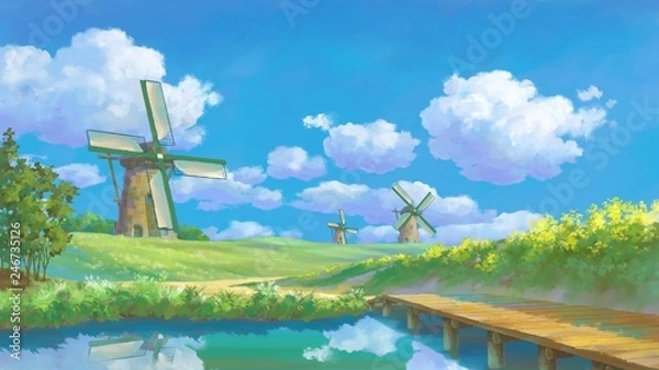 Obraz 風車と田舎の景色