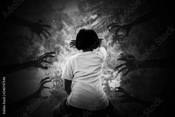 Fototapeta Depress and hopeless Child with lower head on her hand ,Hand of Man try to reach Girl, Child abuse concept