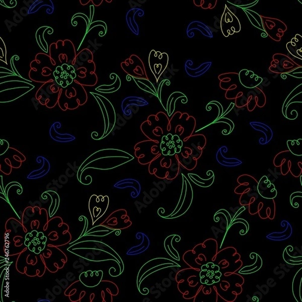 Fototapeta Modern dark pattern with colorful flower drawings. Hand drawn seamless vector pattern, black background. Basic colors floral elements in yellow, red, green and blue. Neon lights illusion. 