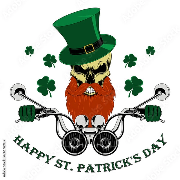 Obraz Skull with a beard and mustache in a green hat driving a motorcycle. Congratulations on the day of St. Patrick.
