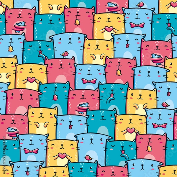 Obraz Cute colorful cats seamless pattern. Kawaii characters, hand drawn style. Design for print (apparel, wrapping paper, background, poster)