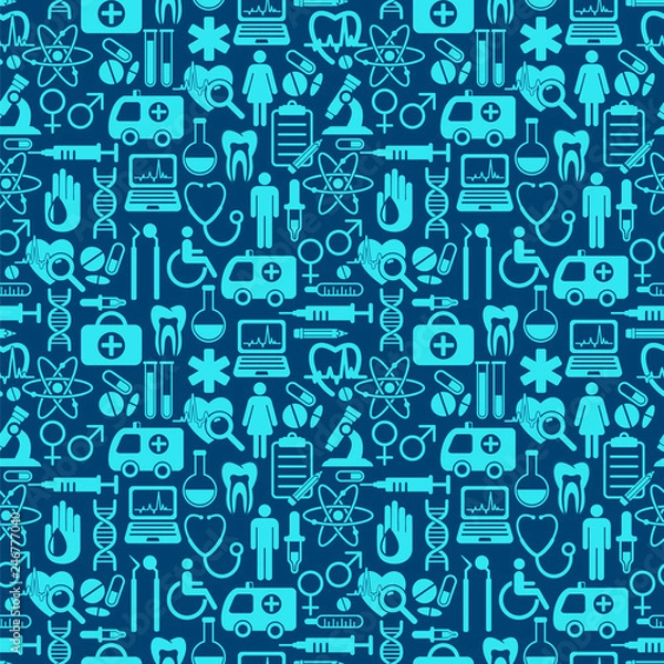 Fototapeta Vector seamless medicine and health design pattern with modern flat icons. Medical background with flat style symbols.