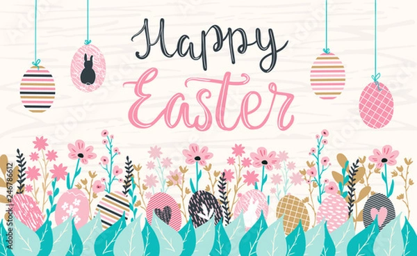 Fototapeta Happy Easter hand written lettering words and cute floral adorable banner with flowers, eggs, leaves and hand drawn textures on background
