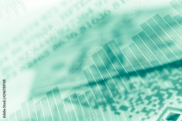 Fototapeta Double exposure Stock market display or forex trading graph and candlestick chart on dollar banknote