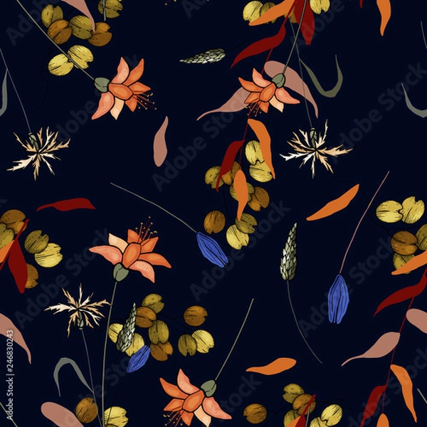 Fototapeta Modern botanical background. Wallpaper. Hand drawn. Vector illustration. Folk flowers. Seamless floral pattern with wild flowers and tropic leaves