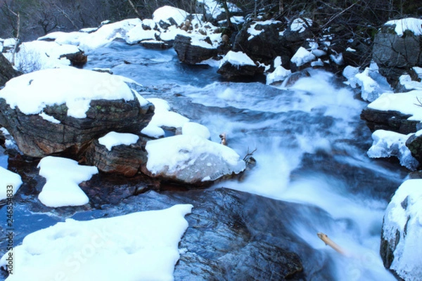 Fototapeta small river in Norway, Hiking in Norway in Winter, Landscape in Winter near Moi, Norway