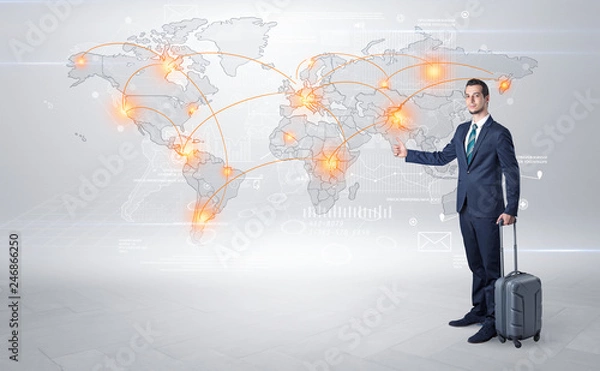 Fototapeta Businessman in dark suit hitchhike to business trip in a front of a map with destination