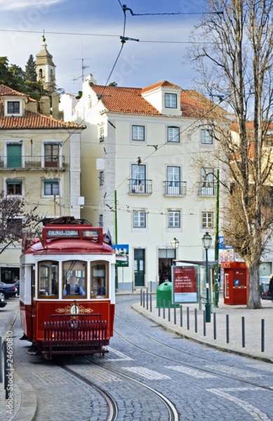 Obraz Vintage old Red Tram in  lisbon, Portugal