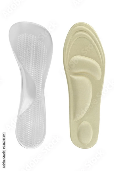 Obraz Orthopedic insoles for shoes, health accessories for walking. Textile and silicon insoles isolated on white background, clipping path included
