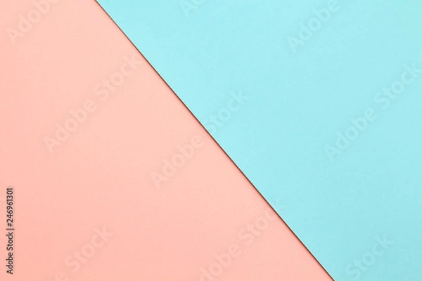 Fototapeta Abstract geometric water color paper background in soft pastel pink and blue trend colors with diagonal line.
