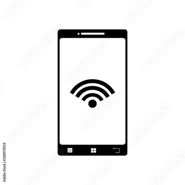 Fototapeta Illustration of mobil phone with wifi icon. Vector silhouette on white background. Symbol of telephone, cell phone, smartphone. Sign of internet connection.