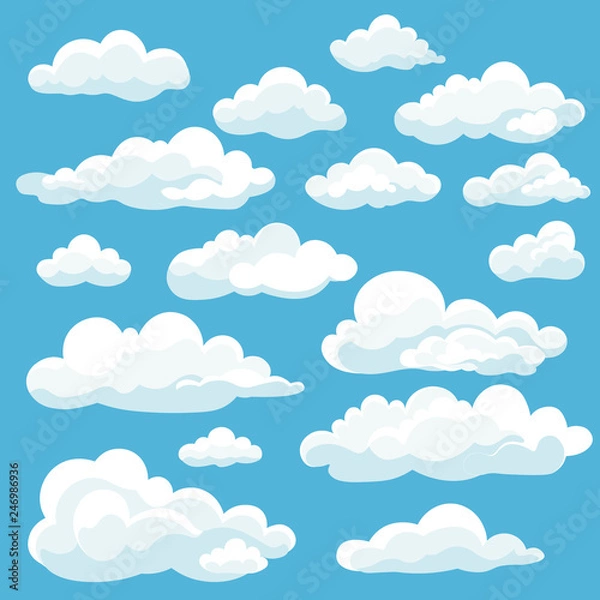 Fototapeta Zestaw ikon białe chmury kreskówka na białym tle na niebieskim tle. Cloudscape w stylu płaskiej. Symbol pogody chmura błękitne niebo. Wektor ilustracja mętna panorama
