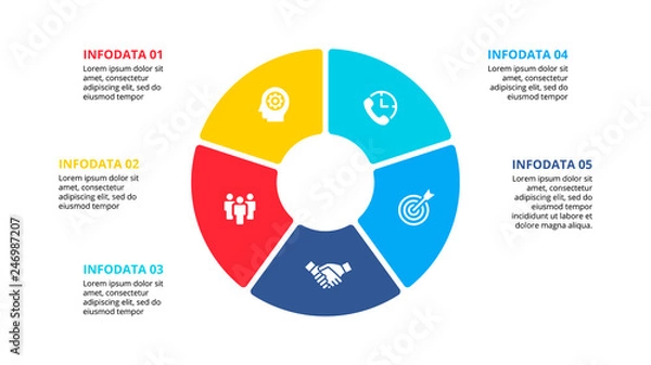 Fototapeta Flat circle element for infographic with 5 parts, options or steps. Template for cycle diagram, graph, presentation and chart
