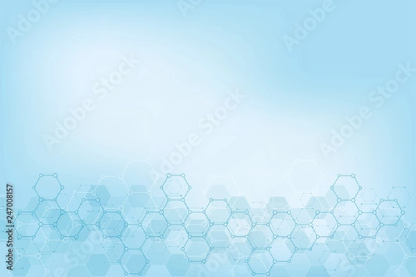 Fototapeta Geometric background texture with molecular structures and chemical engineering. Abstract background of hexagons pattern. Vector illustration for medical or scientific and technological modern design.