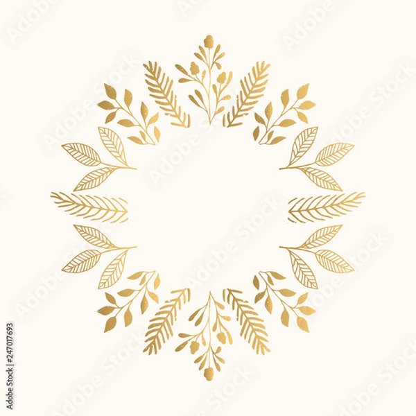 Fototapeta Summer gold frame with flowers and leaves. Vector isolated illustration.