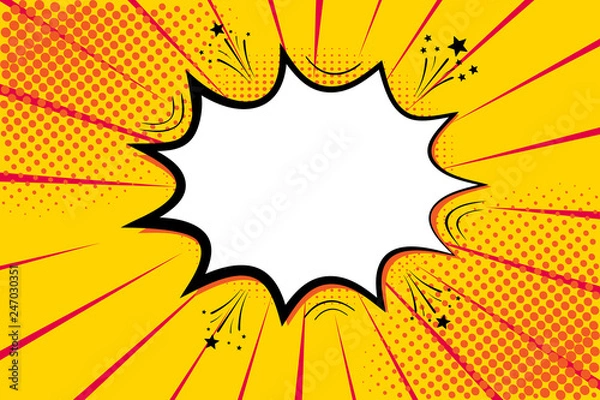 Fototapeta Pop art retro comic. Yellow background. Lightning blast halftone dots. Cartoon vs. Vector