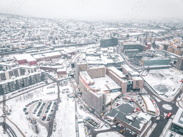 Obraz Incredible air view from drone of Oslo covered with snow, Norway 