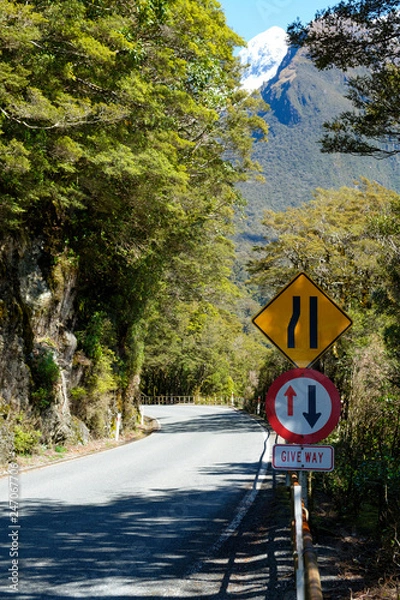 Obraz Road narrowing to one way across a bridge in Fjordland National Park, South Island, New Zealand