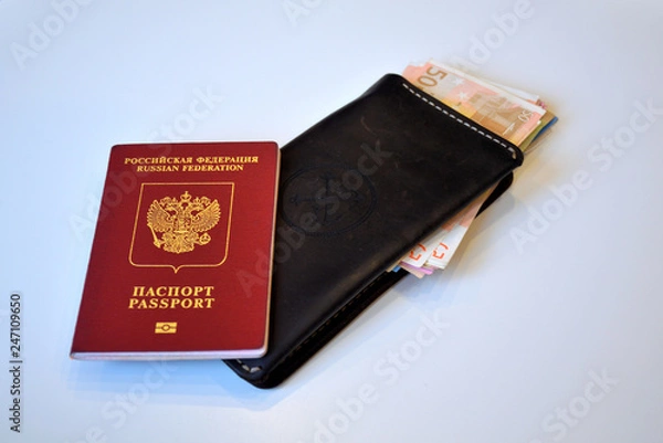 Fototapeta Wallet with euro banknotes and ukrainian foreign (international) passport isolated on white background