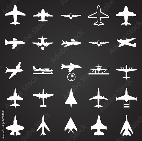 Fototapeta Airplane icons on black background for graphic and web design, Modern simple vector sign. Internet concept. Trendy symbol for website design web button or mobile app