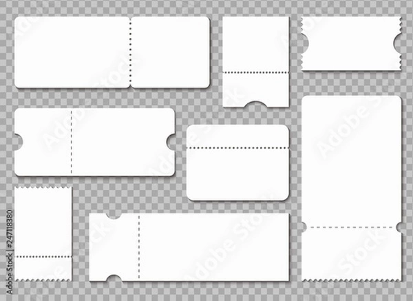 Fototapeta Ticket template. White blank coupon. Lottery raffle admit tickets, concert theater receipt isolated vector mockup