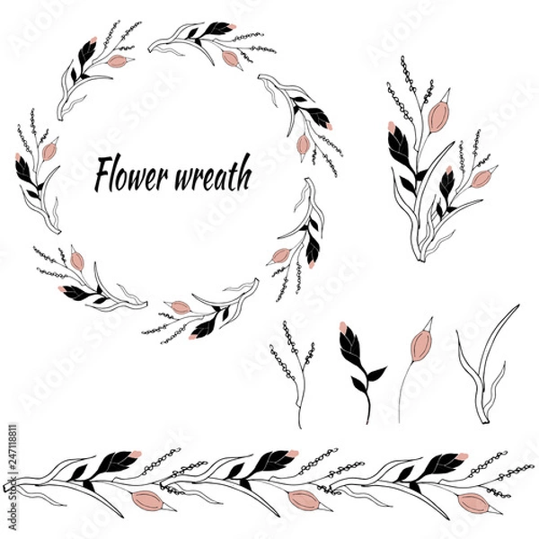 Fototapeta set of floral patterns and vector wreaths for congratulations on Valentine's Day and of the spring greeting cards for decoration of festivities on paper, postcards, felicitation. 