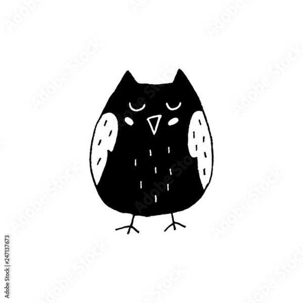 Fototapeta Cute cartoon hand drawn owl icon. Sweet vector black and white owl icon. Isolated monochrome doodle owl icon on white background.