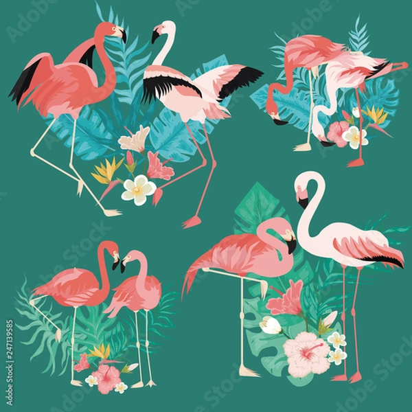 Obraz Beautiful flamingos with tropical palm leaves set