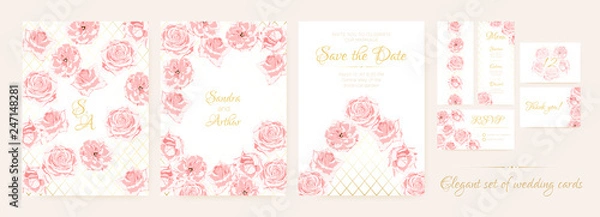 Fototapeta Wedding Cards Set with Delicate Pink Roses.