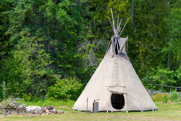 Fototapeta A teepee tent. The tent is in a field with trees behind it. The flap on the front is open.
