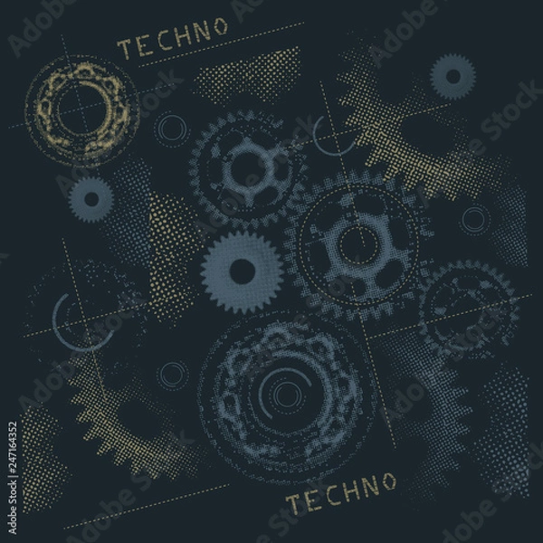 Fototapeta Technology t shirt. Futuristic gears painted by dots on a blue background. Techno print.