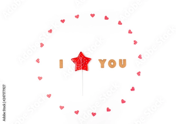 Obraz Valentine's day concept. Declaration of love, frame made of paper hearts, lollipop in form star. Flat lay, top view, white background, isolated, copy space