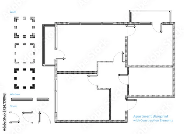 Fototapeta Floor Plan. Apartment Blueprint with Construction Elements. House Project. Vector Illustration